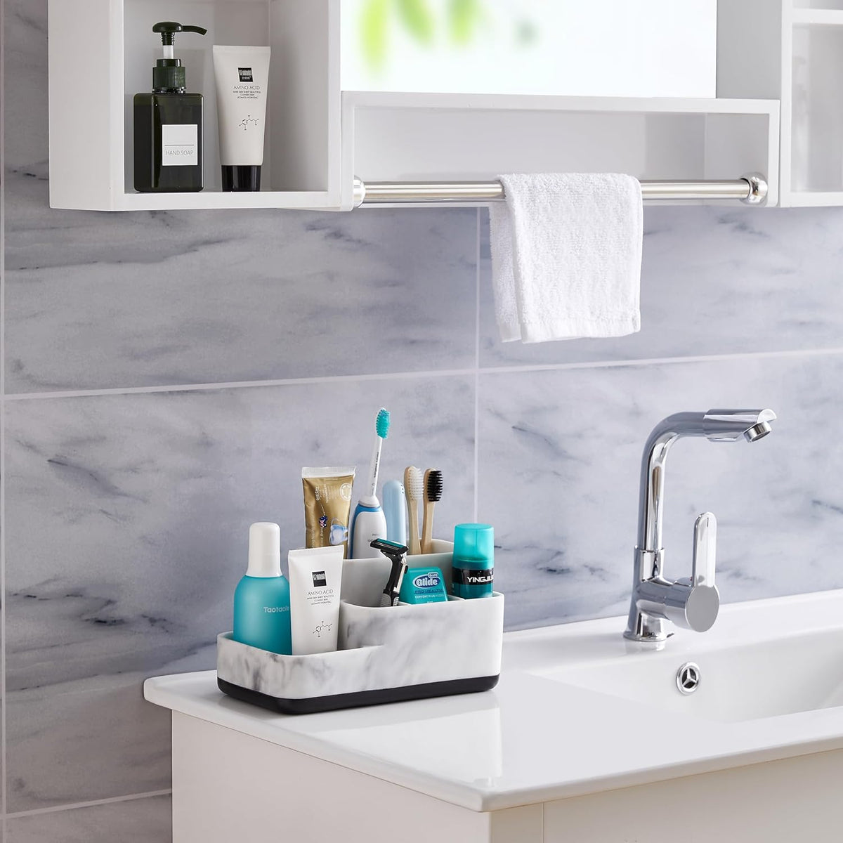 Toothbrush Holder Organizer - Multi-Functional Bathroom Storage for Makeup, Skincare, and Accessories - White Marble Look Countertop Organizer for Sink and Vanity Spaces