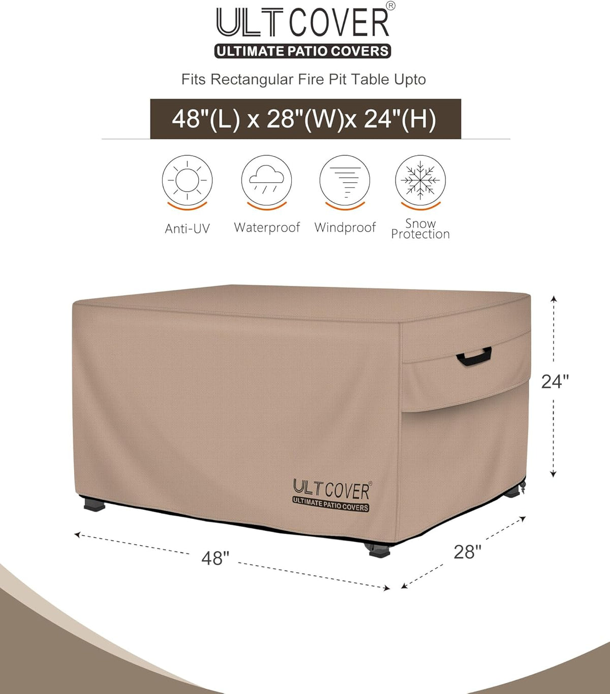 Rectangular Gas Fire Pit Table Cover 48X28 Inch Waterproof Heavy Duty Firepit Cover